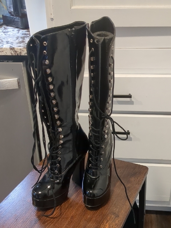 Glossy Black Lace-Up Platform Boots - Picture 7 of 13